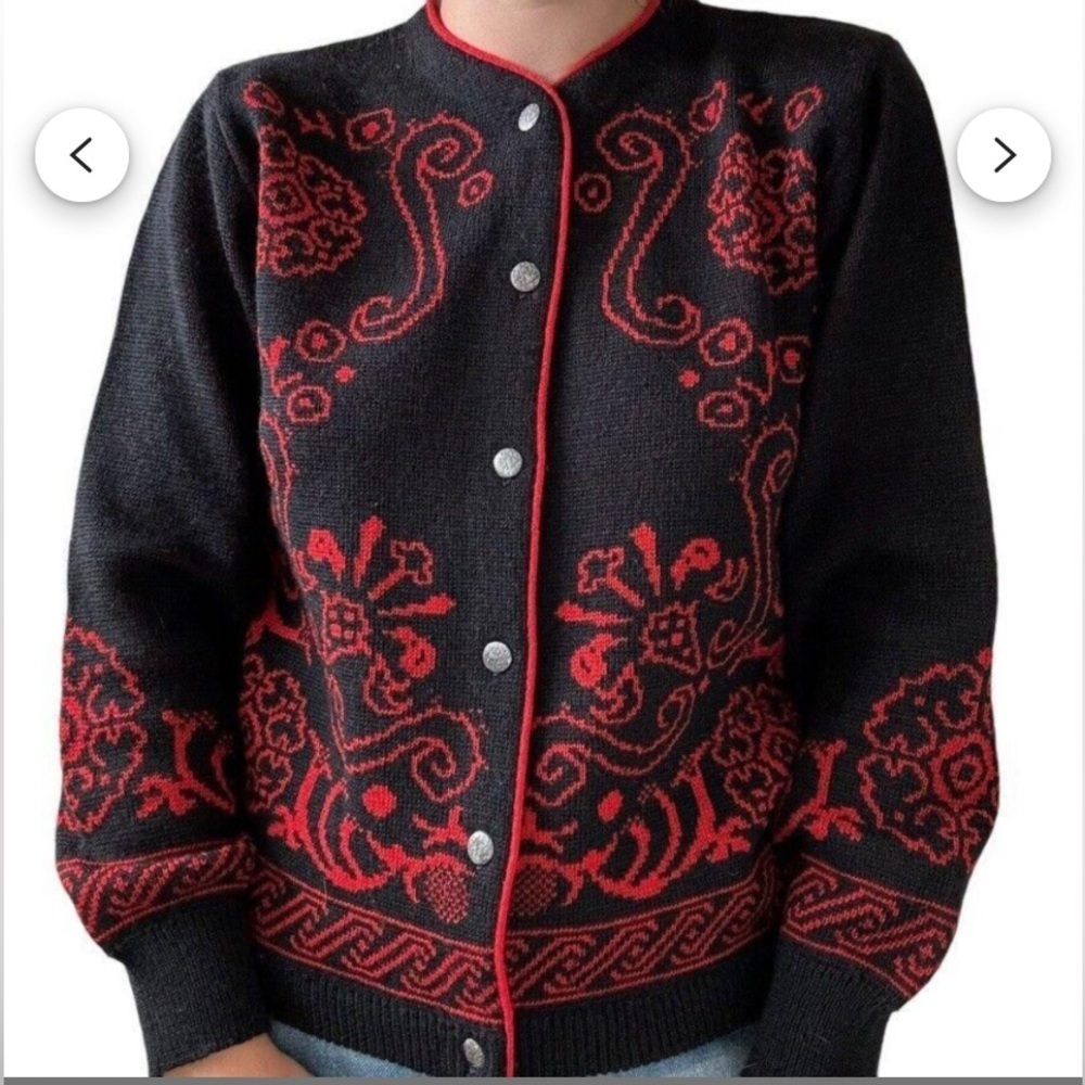 Vintage 70s Pendleton Nordic Red and Black 100% Pure Virgin Wool Cardigan Medium - Picture 12 of 14